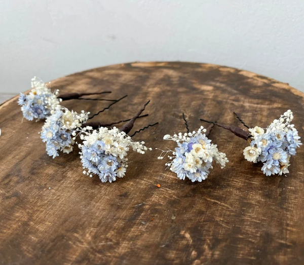 Blue and ivory flower hairpins