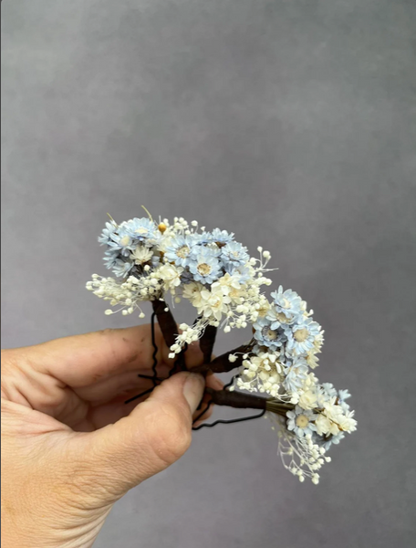 Blue and ivory flower hairpins