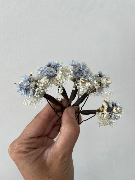 Blue and ivory flower hairpins