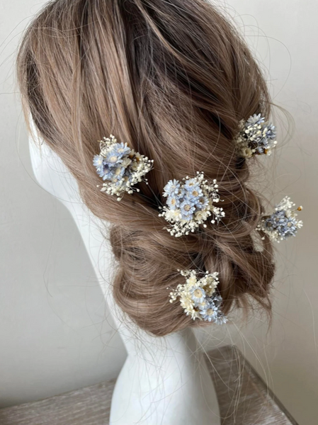 Blue and ivory flower hairpins