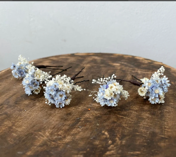 Blue and ivory flower hairpins