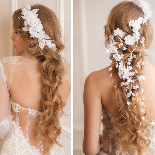 Shapeable white bridal vine Flower hair arrangement Bridal accessories Wedding headpiece Flexible hair vine Bendable bridal headpiece Magaela