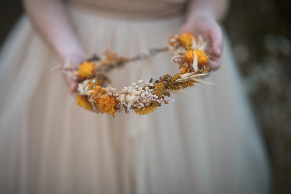 Ochre and beige flower crown Fall wedding crown Bridal hair accessories Natural preserved bridal wreath Flower headpiece Autumn accessories