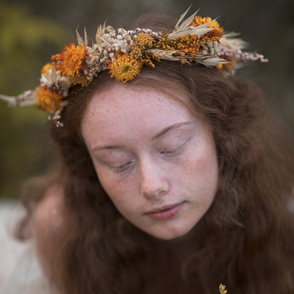 Ochre and beige flower crown Fall wedding crown Bridal hair accessories Natural preserved bridal wreath Flower headpiece Autumn accessories