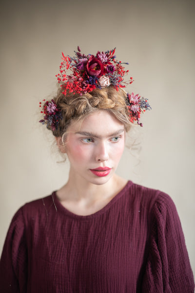Red flower bridal hair vine
