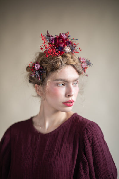 Red flower bridal hair vine