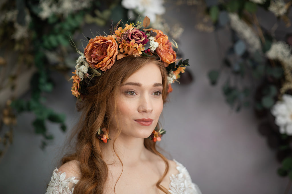 Sammenlignelig tunge svindler Orange boho flower crown Fall hair accessories Autumn flower headpiece  Rusty terracotta Wedding accessories Large cinnamon crown Magaela – magaela