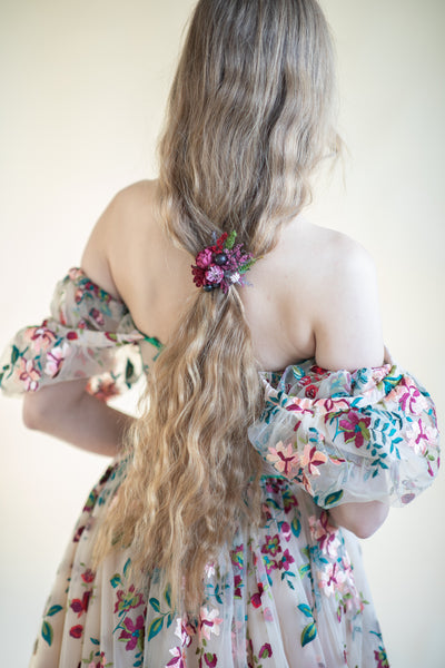 Burgundy and pink flower hair tie
