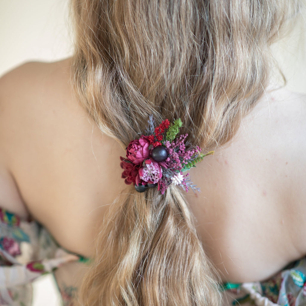 Burgundy and pink flower hair tie