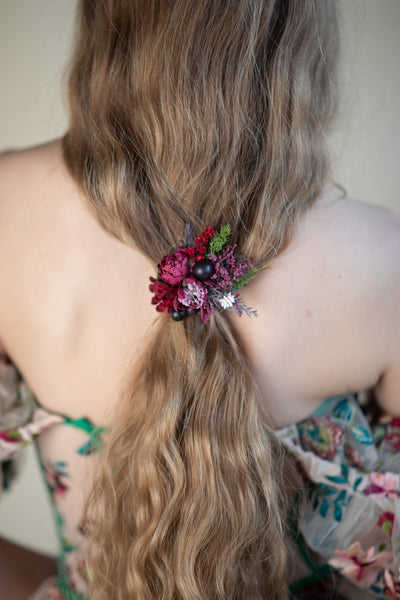 Burgundy and pink flower hair tie