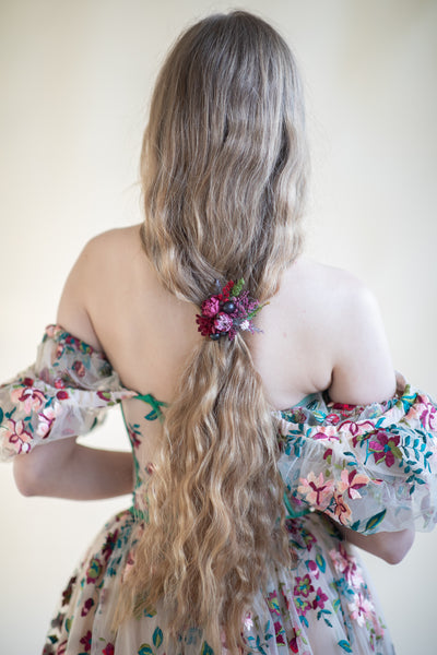 Burgundy and pink flower hair tie