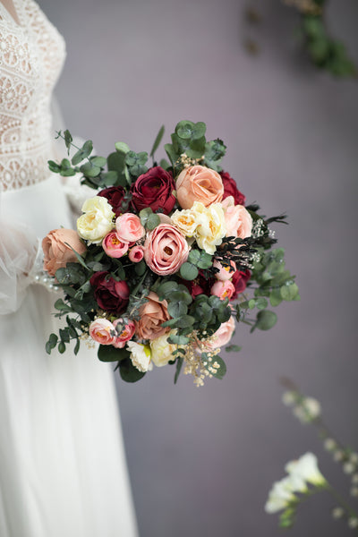 Burgundy and blush bridal bouquet with roses