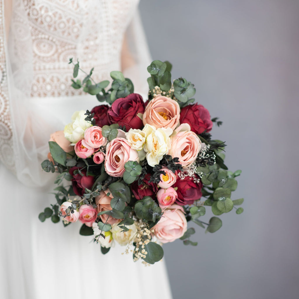 Burgundy and blush bridal bouquet with roses Romantic eucalyptus wedding  accessories Greenery bouquet Peach peony toss bouquet Magaela – magaela