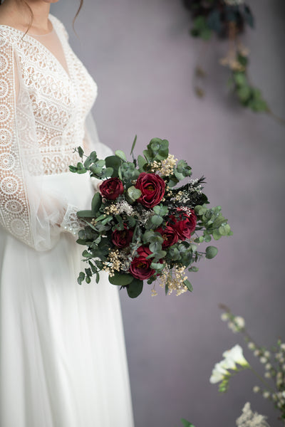 Burgundy bouquet with roses and eucalyptus