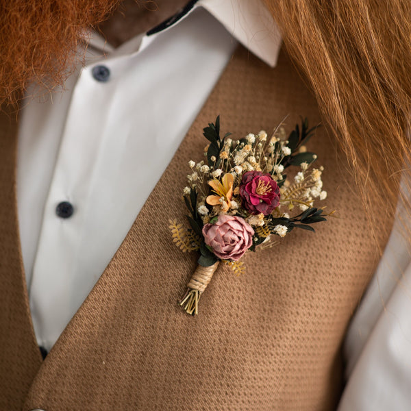 Dusty pink and burgundy boutonniere