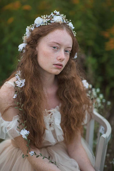 White flower hair wreath with vines Bridal hair crown Romantic braided hair wreath White bridal headpiece Hair jewelry Wedding 2021 Magaela
