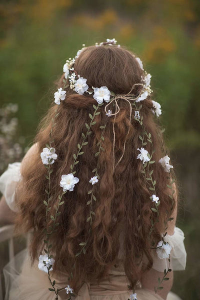 White flower hair wreath with vines Bridal hair crown Romantic braided hair wreath White bridal headpiece Hair jewelry Wedding 2021 Magaela