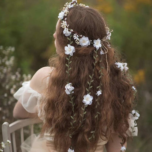 White flower hair wreath with vines Bridal hair crown Romantic braided hair wreath White bridal headpiece Hair jewelry Wedding 2021 Magaela