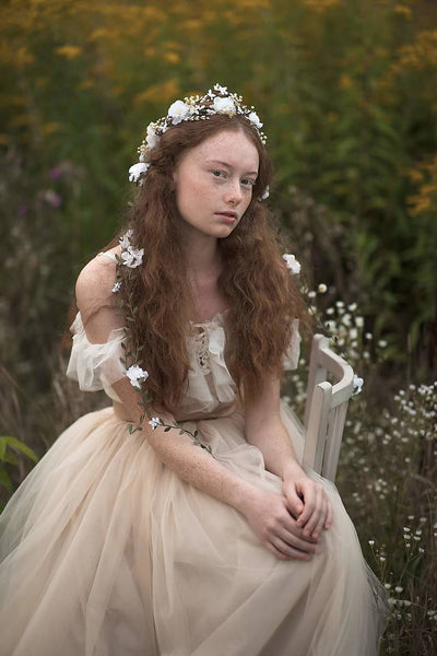 White flower hair wreath with vines Bridal hair crown Romantic braided hair wreath White bridal headpiece Hair jewelry Wedding 2021 Magaela