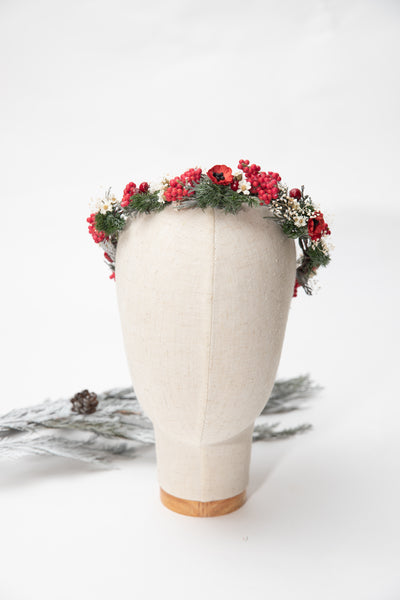 Red X-mas flower half wreath Bridal half wreath Winter wedding crown Bridal headpiece Red and green wreath Woodland bridal crown Magaela