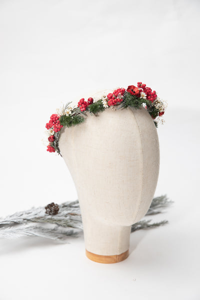 Red X-mas flower half wreath Bridal half wreath Winter wedding crown Bridal headpiece Red and green wreath Woodland bridal crown Magaela