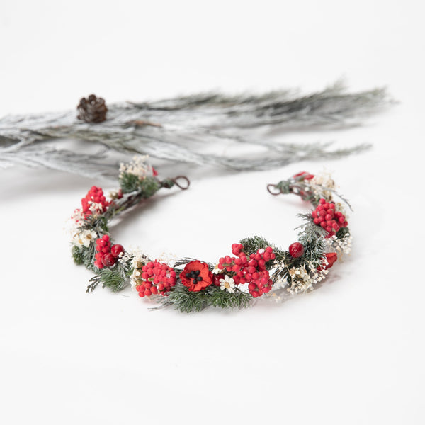 Red X-mas flower half wreath Bridal half wreath Winter wedding crown Bridal headpiece Red and green wreath Woodland bridal crown Magaela