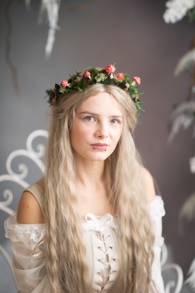 Woodland flower half wreath with red mushrooms