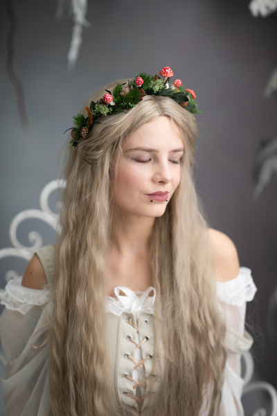 Woodland flower half wreath with red mushrooms