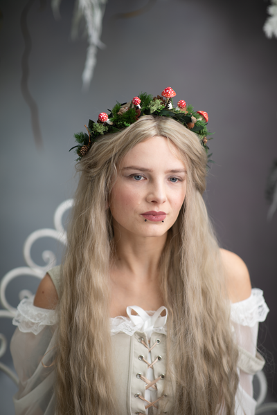 Woodland flower half wreath with red mushrooms
