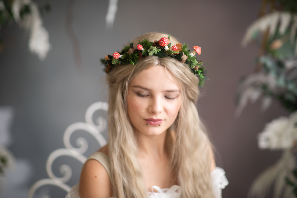 Woodland flower half wreath with red mushrooms