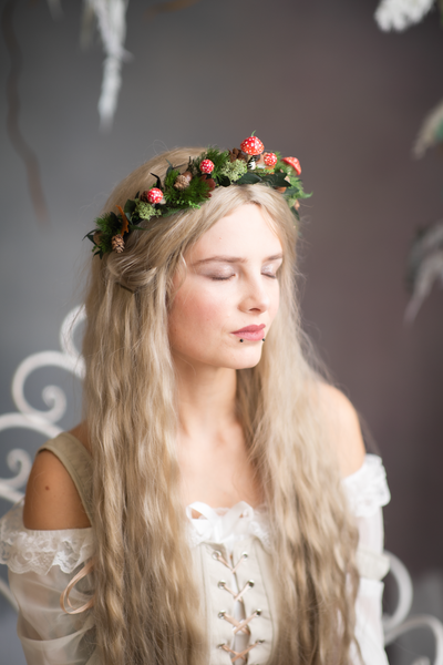 Woodland flower half wreath with red mushrooms