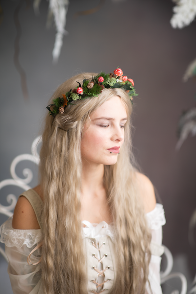 Woodland flower half wreath with red mushrooms
