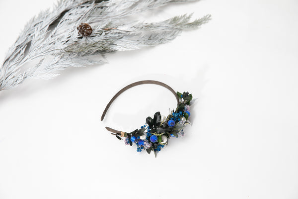 Blue flower headband with frozen blueberries