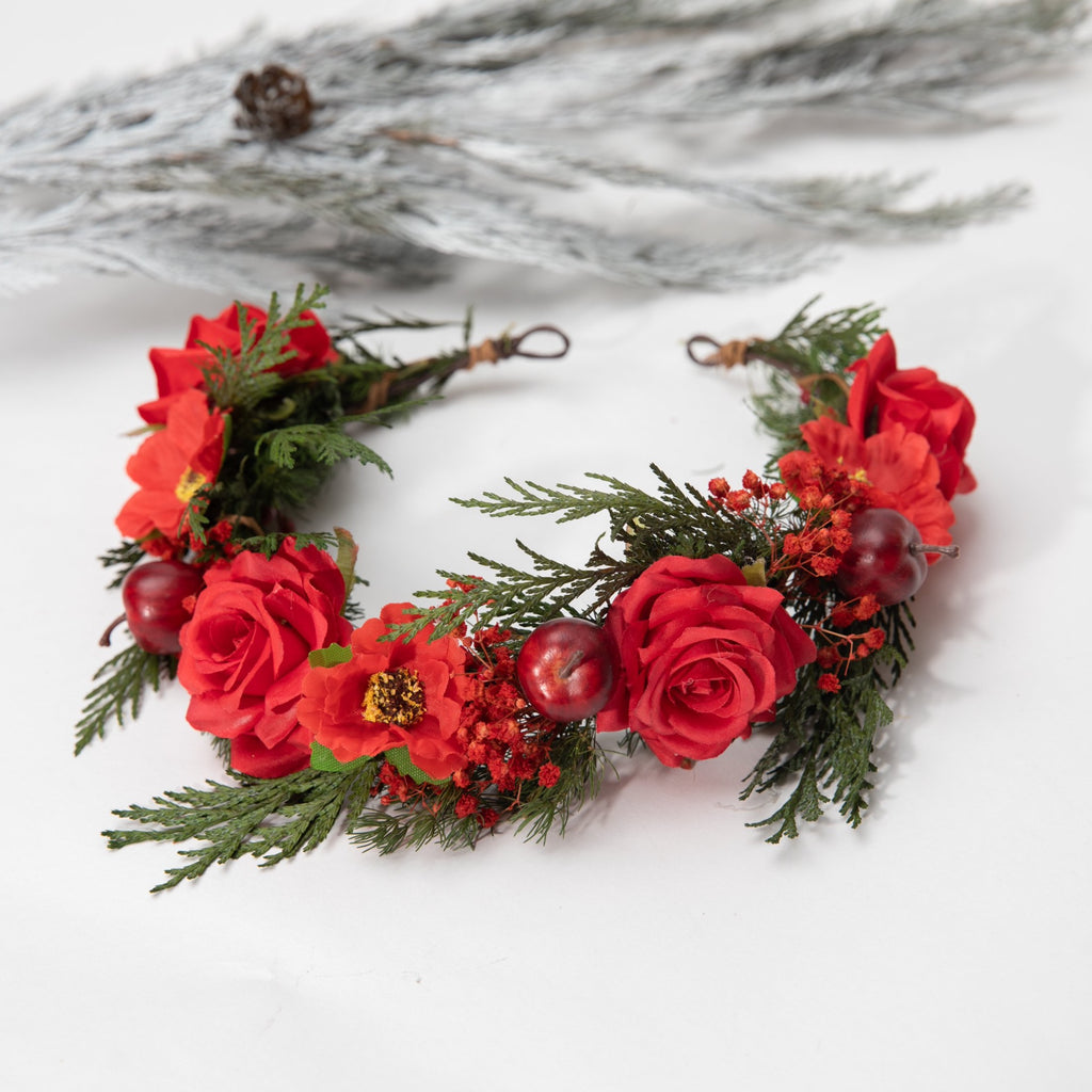 Red roses X-mas flower hair wreath with apples Winter wedding crown Bridal headpiece Red and green wreath Woodland bridal crown Magaela