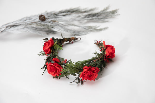 Flower half wreath with red roses Pine needles woodland crown Wedding accessories Flower Bridal headpiece Bride to be flower crown Magaela Price: