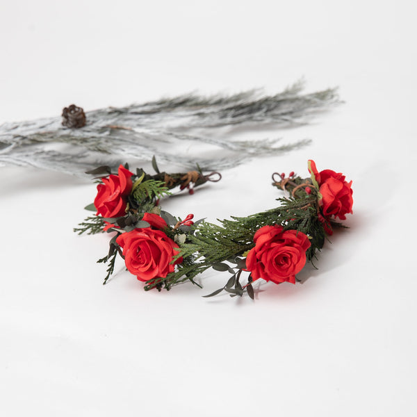 Flower half wreath with red roses Pine needles woodland crown Wedding accessories Flower Bridal headpiece Bride to be flower crown Magaela Price: