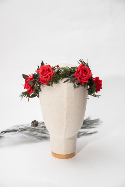 Flower half wreath with red roses Pine needles woodland crown Wedding accessories Flower Bridal headpiece Bride to be flower crown Magaela Price: