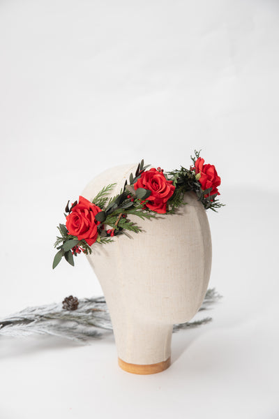 Flower half wreath with red roses Pine needles woodland crown Wedding accessories Flower Bridal headpiece Bride to be flower crown Magaela Price: