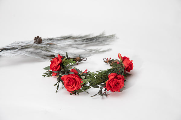 Flower half wreath with red roses Pine needles woodland crown Wedding accessories Flower Bridal headpiece Bride to be flower crown Magaela Price: