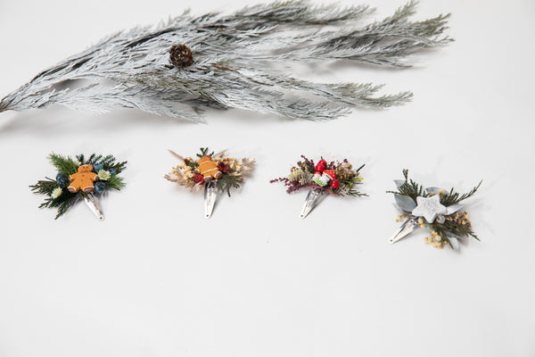 Christmas hair clips Gingerbread flower hair clips Flower girls Santa Claus gift for daughter Bridal accessories Winter jewellery Magaela