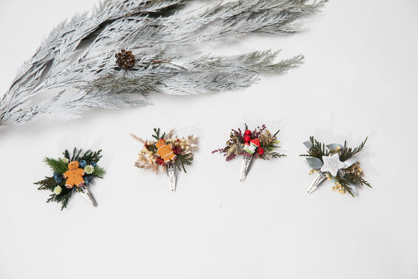 Christmas hair clips Gingerbread flower hair clips Flower girls Santa Claus gift for daughter Bridal accessories Winter jewellery Magaela