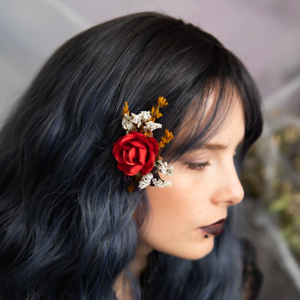 Flower mini hair comb with red rose