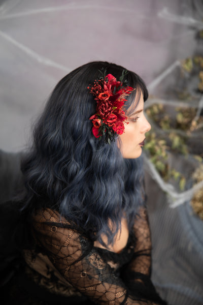 Red bridal flower hair comb