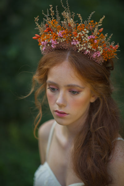 Dried orange and pink flower crown