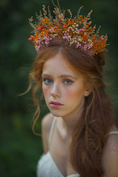 Dried orange and pink flower crown