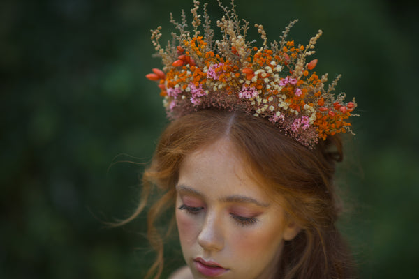Dried orange and pink flower crown