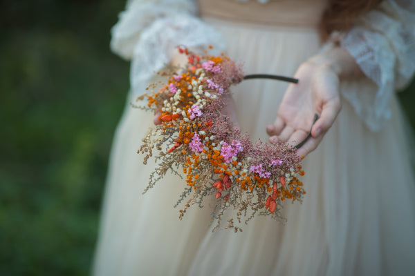 Dried orange and pink flower crown