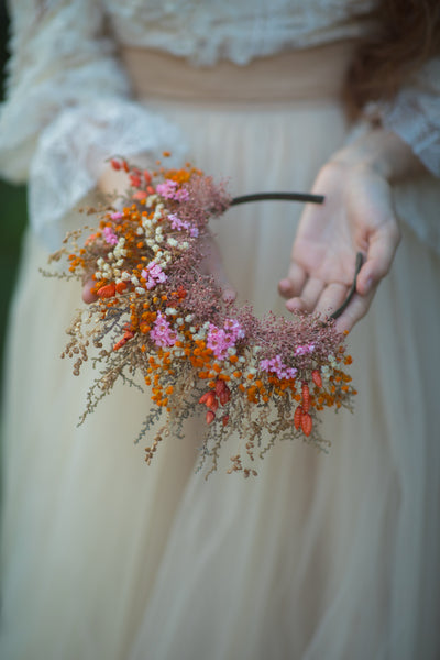 Dried orange and pink flower crown