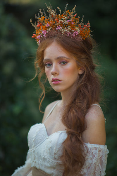 Dried orange and pink flower crown
