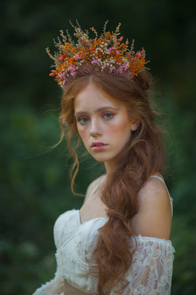 Dried orange and pink flower crown